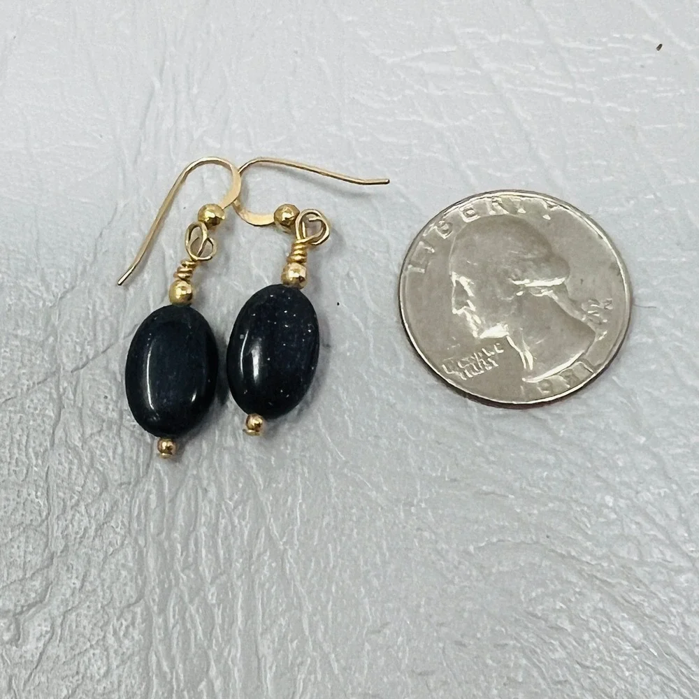 Black Blue Sparkle Pierced Earrings Oval Hook‎ Dangle Drop Minimalist
